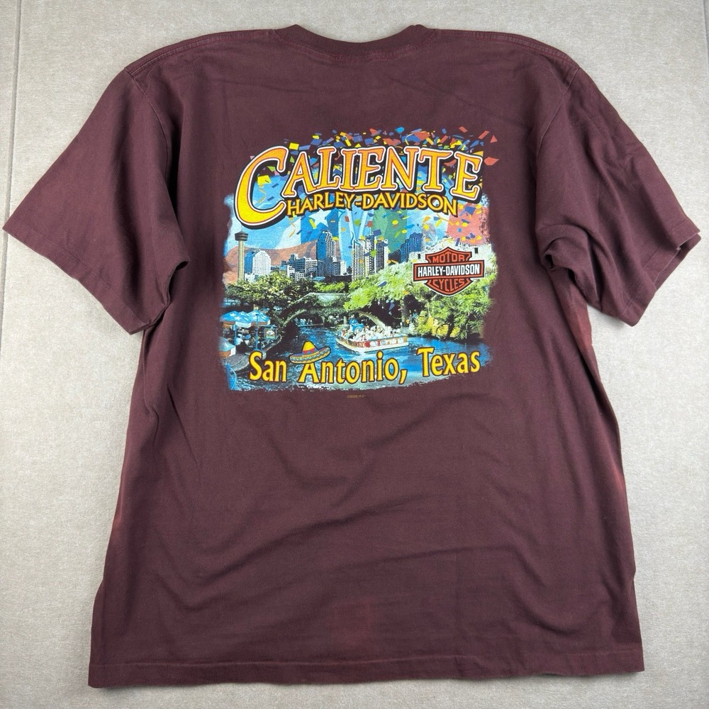 Y2K Harley-Davidson T-Shirt‎ Men XL Single Stitch Caliente Texas Pocket USA